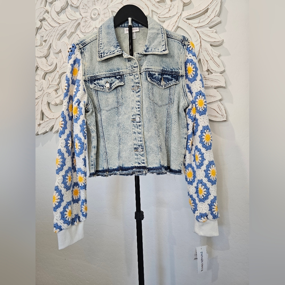 Tween Diva Girls' Blue Denim Jacket with Floral Crochet Knit Sleeves Size 16 NWT